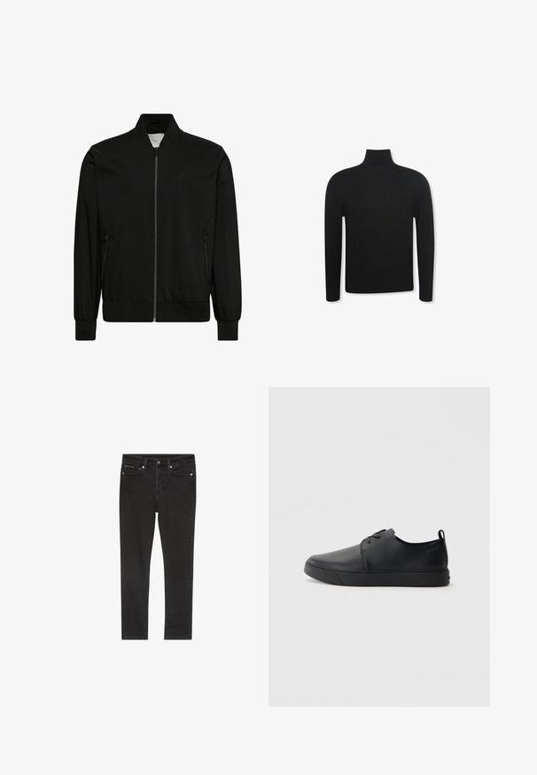 Sort bomberjakke lavet af glat stof med lynlås foran, ribbet krave og manchetter samt sidelommer. Minimalistisk design uden synlige logoer.; Sort langærmet rullekravebluse med slank pasform og diskret logo på venstre brystområde, vist på hvid baggrund.; Sorte denimjeans med slim fit, der har fire lommer, lukning med metalknap og let slidte detaljer. Glat tekstur og klassisk design.; Sorte lædersneakers med en glat finish, rund tå, tonalt syning, snøring foran og en flad gummisål. Løkke ved hælen.