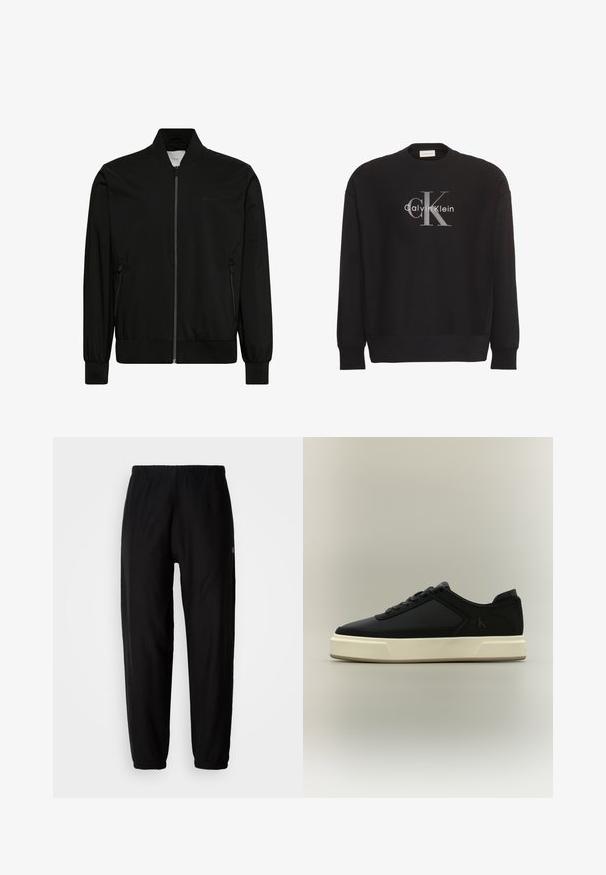 Sort bomberjakke lavet af glat stof med lynlås foran, ribbet krave og manchetter samt sidelommer. Minimalistisk design uden synlige logoer.; Sort sweatshirt med lange ærmer med stor grå tekstlogo "cK" og hvidt tekstlogo "Calvin Klein" centreret på forsiden.; Sorte træningsbukser med elastisk talje, tapered ben og manchetter. Glat stoftekstur. Logo detalje på siden.; Sort lavt snøresko med hvid tyk sål, snørret forside og diskret "cK"-logo på siden.