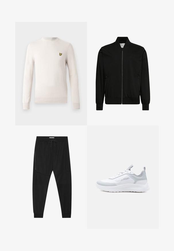 Musta bomber-takki, valmistettu sileästä kankaasta, jossa vetoketjullinen etuosio, resorikaulus ja -hihansuut sekä sivutaskut. Minimalistinen muotoilu ilman näkyviä logoja.; Vaaleanbeige neulepaita pitkillä hihoilla, pyöreällä pääntiellä ja resorireunuksella. Etuosassa pieni musta ja keltainen kirjailtu logo.; Mustat urheiluhousut, jotka on valmistettu teksturoidusta kankaasta. Housuissa on säädettävä vyötärö, vetoketjullinen sivutasku ja kapenevat hihnat.; Valkoinen ja harmaa Calvin Klein -lenkkari, jossa nauhakiinnitys, pehmustettu pohja sekä vetokahvat kielekkeessä ja kantapäässä.