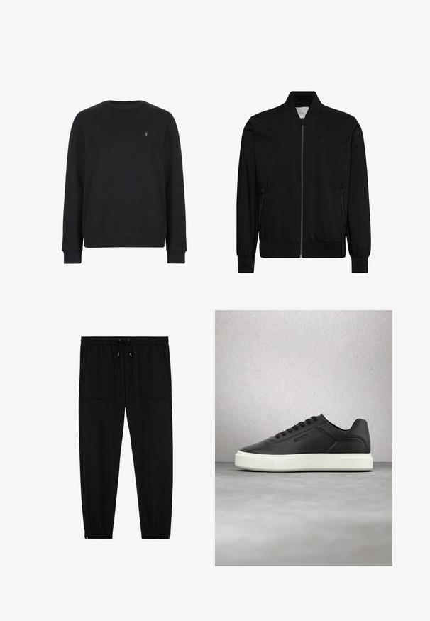 Musta bomber-takki, valmistettu sileästä kankaasta, jossa vetoketjullinen etuosio, resorikaulus ja -hihansuut sekä sivutaskut. Minimalistinen muotoilu ilman näkyviä logoja.; Musta collegepaita, joka on valmistettu puuvillasekoitteesta. Siinä on pyöreä pääntie, pitkät hihat ja pieni brodeerattu logo rinnassa.; Musta juoksuhousut, joissa on joustava vyötärönauha, kiristysnauha, etutaskut ja joustavat lahkeensuut valkoisella taustalla.; Mustat nahkakengät, joissa valkoinen kumipohja, pyöreä kärki ja tasaiset nauhat. Sivuilla teksturoituja yksityiskohtia, minimalistinen muotoilu.