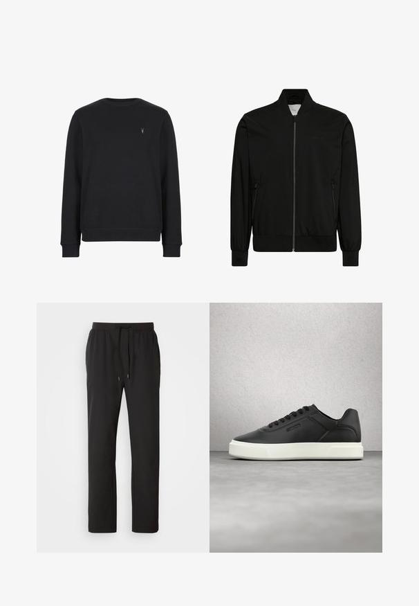 Sort bomberjakke lavet af glat stof med lynlås foran, ribbet krave og manchetter samt sidelommer. Minimalistisk design uden synlige logoer.; Sort sweatshirt lavet af bomuldsblanding, med rund halsudskæring, lange ærmer og et lille broderet logo på brystet.; Sorte joggerbukser lavet af letvægtsstof, med elastisk talje med justerbare snore og sidelommer. Glat tekstur.; Sorte lædersneakers med hvid gummisål, rundet tå og flade snørebånd. Teksturdetaljer på siderne, minimalistisk design.
