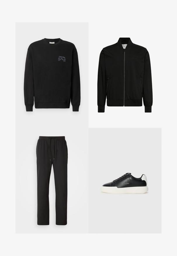 Veste bomber noire en tissu lisse, dotée d'une fermeture éclair sur le devant, d'un col et de poignets côtelés, ainsi que de poches latérales. Design minimaliste sans logos visibles.; Sweatshirt en coton noir à manches longues, col rond et poignets côtelés. Présente un logo brodé en bleu sur la poitrine.; Pantalons de jogging noirs en tissu léger, dotés d'une taille élastique avec cordons de serrage réglables et poches latérales. Texture lisse.; Baskets en cuir noir avec semelle en caoutchouc blanche. Présentent un bout arrondi, un design à lacets et un détail de logo sur le côté. Accent arrière en blanc.