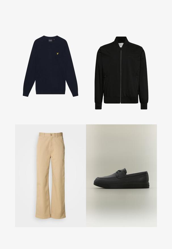 Sort bomberjakke lavet af glat stof med lynlås foran, ribbet krave og manchetter samt sidelommer. Minimalistisk design uden synlige logoer.; Mørkeblå langærmet crew neck sweater med et lille gult broderet ørnelogo på venstre bryst.; Beige, vidde bukser lavet af en bomuldsblanding. Har en knaplukning og bæltestropper. Glat tekstur med minimale syninger.; Sort afslappet læderloafer med snøredetaljer og tyk gummisål, vist fra siden på en neutral baggrund.