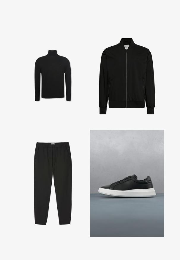 Chaqueta bomber negra hecha de tela lisa, con cierre frontal de cremallera, cuello y puños de canalé y bolsillos laterales. Diseño minimalista sin logotipos visibles.; Jersey negro de cuello alto y manga larga con un ajuste entallado y un logo sutil en la zona izquierda del pecho, mostrado sobre fondo blanco.; Pantalones negros con cintura elástica, piernas rectas y bolsillos laterales, diseñados para uso casual o profesional.; Deportivas de cuero negro con un acabado suave, suela de goma blanca, forma redondeada, seis ojales para los cordones y un diseño sutil en el talón.