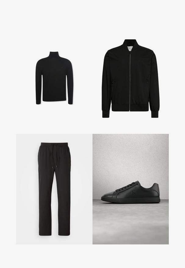 Sort bomberjakke lavet af glat stof med lynlås foran, ribbet krave og manchetter samt sidelommer. Minimalistisk design uden synlige logoer.; Sort langærmet rullekravebluse med slank pasform og diskret logo på venstre brystområde, vist på hvid baggrund.; Sorte joggerbukser lavet af letvægtsstof, med elastisk talje med justerbare snore og sidelommer. Glat tekstur.; Sort læder sneaker med snørebånd og præget "ck" logo, der svæver over en grå gulv nær en glasblokvæg.