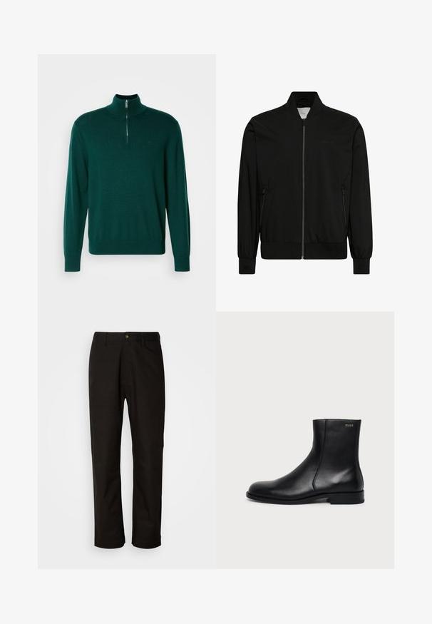 Zwarte bomberjack gemaakt van gladde stof, met een ritssluiting aan de voorkant, geribbelde kraag en manchetten, en zijzakken. Minimalistisch ontwerp zonder zichtbare logo's.; Donkergroene zip-up sweater met een hoge kraag, lange mouwen en geribbelde manchetten. Gemaakt van een soepele, lichtgewicht breigoedstof. Subtiele logo-detail.; Zwarte katoenen broek met een rechte snit, riemlussen, een ritssluiting aan de voorkant en een enkele knoopsluiting. Soepele textuur zonder zichtbare patronen.; Zwarte leren enkellaars met lage hak, zijstiksels en klein "HUGO" logo op de bovenste boord tegen een effen achtergrond.