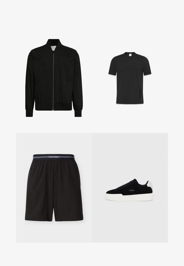 Veste bomber noire en tissu lisse, dotée d'une fermeture éclair sur le devant, d'un col et de poignets côtelés, ainsi que de poches latérales. Design minimaliste sans logos visibles.; T-shirt noir à manches courtes en coton lisse, avec un col rond classique et un petit logo imprimé sur le côté inférieur.; Shorts noirs Calvin Klein pour hommes avec taille élastique et bande de marque, longueur au genou, design uni, présentés à plat sur fond blanc.; Baskets basses noires avec semelle et talon blanc, lacets à l'avant et logo Calvin Klein sur le côté.