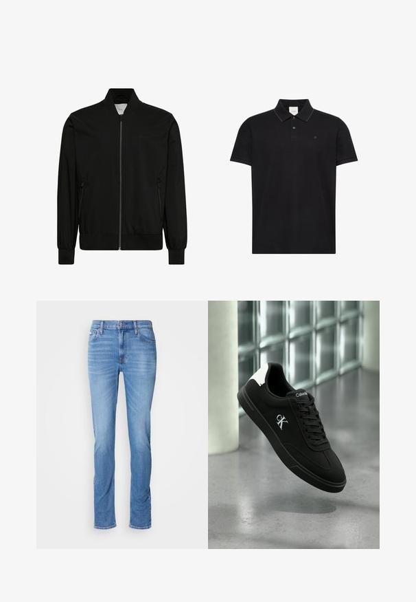 Mustast siledast kangast bomber-stiilis jope, millel on esilukk, soonikkoeline krae ja varrukaservad ning küljetaskud. Minimalistlik disain ilma nähtavate logodeta.; Must värviline lühikeste varrukatega polosärk kraega, kahe nupu ja kaeluse servade peene kontrastse äärisega ning väikese "ck" logoga rinnal.; Meeste sinised teksapüksid sirge lõikega, esikülje ja tagakülje taskutega ning väike Calvin Klein silt ees parema tasku juures.; Must Calvin Kleini toss musta kontsaga ja külje peal oleva CK logoga tennisking, hõljuv poleeritud betoonpõranda ja klaasplokkidest seina taustal.