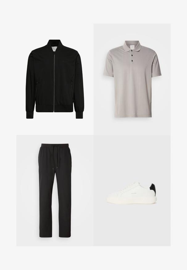 Chaqueta bomber negra hecha de tela lisa, con cierre frontal de cremallera, cuello y puños de canalé y bolsillos laterales. Diseño minimalista sin logotipos visibles.; Polo de manga corta gris, fabricado con un tejido suave, que presenta un cuello clásico y tres botones negros. Patrón de canalé vertical sutil en toda la prenda.; Pantalones de chándal negros hechos de tela ligera, con una cintura elástica y cordones ajustables, además de bolsillos laterales. Textura suave.; Zapatilla de cuero blanca con un acento negro en el talón, presenta puntera redonda, cordones planos y una suela gruesa blanca. Logo de Calvin Klein visible.
