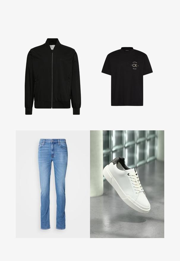 Chaqueta bomber negra hecha de tela lisa, con cierre frontal de cremallera, cuello y puños de canalé y bolsillos laterales. Diseño minimalista sin logotipos visibles.; Camiseta negra de manga corta con un pequeño logo en color blanco roto que dice "CK Calvin Klein New York 1968" en el lado izquierdo del pecho.; Vaqueros de mezclilla azul para hombre con corte recto, bolsillos delanteros y traseros, y una pequeña etiqueta de Calvin Klein cerca del bolsillo delantero derecho.; Zapatilla blanca de perfil bajo con lengüeta del talón texturizada en negro, cordones blancos y suela gruesa sobre un suelo de cemento pulido cerca de bloques de vidrio.