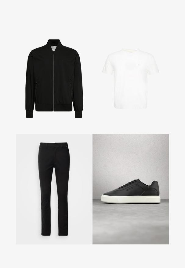 Schwarze Bomberjacke aus glattem Stoff, mit Reißverschluss vorne, geripptem Kragen und Bündchen sowie Seitentaschen. Minimalistisches Design ohne sichtbare Logos.; Weißes T-Shirt mit kurzen Ärmeln und Rundhalsausschnitt mit kleinem gesticktem "ck" Logo auf der linken Brust.; Schwarze Hose mit geradem Schnitt, aus glattem Stoff. Verfügt über einen normalen Bund mit einem Reißverschluss vorne und einem kleinen Markenschild an der Seite.; Schwarze Ledersneaker mit weißer Gummisohle, rundlicher Zehenpartie und flachen Schnürsenkeln. Strukturierte Akzente an den Seiten, minimalistisches Design.
