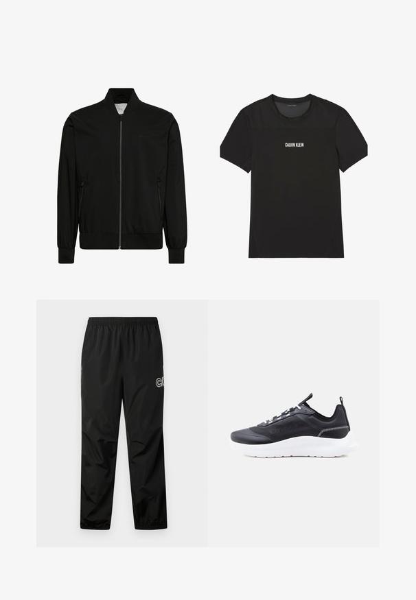 Schwarze Bomberjacke aus glattem Stoff, mit Reißverschluss vorne, geripptem Kragen und Bündchen sowie Seitentaschen. Minimalistisches Design ohne sichtbare Logos.; Schwarzes, kurzärmeliges Sport-T-Shirt mit Mesh-Einsatz im oberen Brust- und Schulterbereich, vorn zentriert mit dem "Calvin Klein"-Logo versehen.; Schwarze Regenhose aus leichtem, wasserdichtem Material. Mit einem elastischen Bund und Logodetail an der Seite. Glatte Textur.; Schwarzer Sneaker mit niedrigem Schaft, weißer Sohle, weißen Schnürsenkeln, Calvin Klein-Logo an der Seite und Zugschlaufe an der Ferse vor weißem Hintergrund.