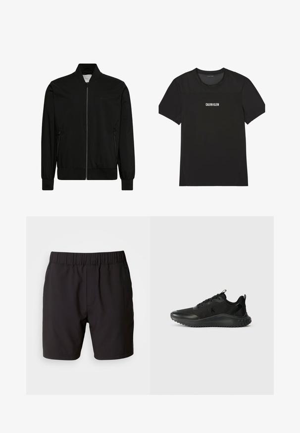 Sort bomberjakke lavet af glat stof med lynlås foran, ribbet krave og manchetter samt sidelommer. Minimalistisk design uden synlige logoer.; Sort kortærmet atletisk T-shirt med mesh øverst på bryst og skuldre, med "Calvin Klein" logo centreret på fronten.; Sorte shorts lavet af strækbart stof, med en elastisk talje, sidelommer og et simpelt, rent design. Ingen mønstre eller detaljer.; Sorte atletiske sneakers med en glat, tekstureret overflade, rund tå, kraftig sål og snøresystem for en sikker pasform. Diskret branding på siden.