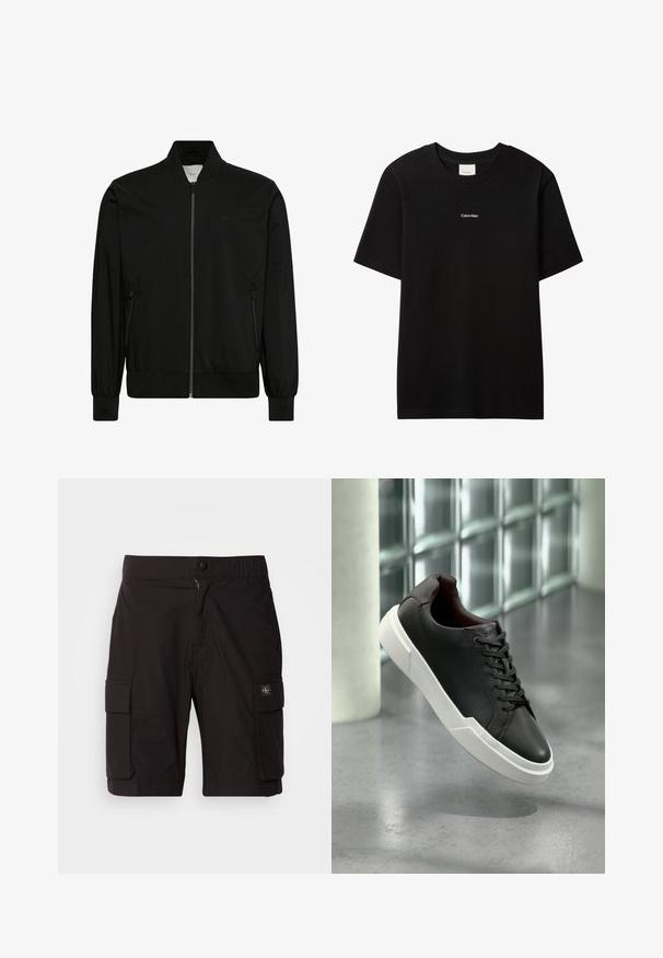 Sort bomberjakke lavet af glat stof med lynlås foran, ribbet krave og manchetter samt sidelommer. Minimalistisk design uden synlige logoer.; Sort bomulds-T-shirt med rund hals og korte ærmer. Har en lille hvid "Calvin Klein"-logo på forsiden. Glat, klassisk pasform.; Svarte cargo-shorts lavet af letvægtsstof. Har knap- og lynlåslukning, to sidelommer til cargo og syningdetaljer.; Sort lædersneaker med tyk hvid sål, sorte snørebånd, svævende over en grå beton gulv nær en væg med glasblokke.