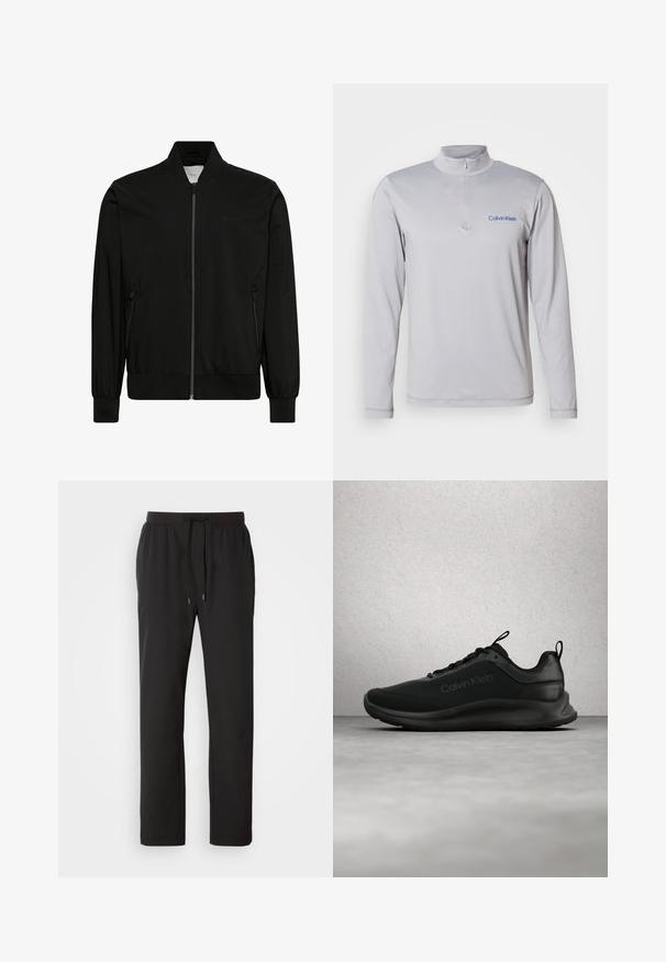 Veste bomber noire en tissu lisse, dotée d'une fermeture éclair sur le devant, d'un col et de poignets côtelés, ainsi que de poches latérales. Design minimaliste sans logos visibles.; Pull-over zippé à manches longues, gris clair avec un tissu texturé. Présente un logo Calvin Klein bleu sur la poitrine. Design simple et athlétique.; Pantalons de jogging noirs en tissu léger, dotés d'une taille élastique avec cordons de serrage réglables et poches latérales. Texture lisse.; Baskets noires Calvin Klein avec lacets, flottant au-dessus d'un sol gris poli, avec des fenêtres en verre brique en arrière-plan.