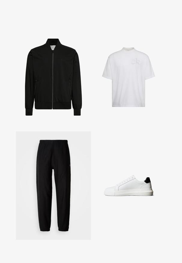 Chaqueta bomber negra hecha de tela lisa, con cierre frontal de cremallera, cuello y puños de canalé y bolsillos laterales. Diseño minimalista sin logotipos visibles.; Camiseta blanca de manga corta con cuello alto simulado, con un sutil logo "ck" en relieve en el pecho izquierdo.; Pantalones de chándal negros con cintura elástica, piernas ajustadas y dobladillos. Textura de tela suave. Detalle del logo en un lado.; Zapatillas de cuero blanco con un detalle en el talón negro, que cuentan con cordones planos, punta redondeada y una suela de goma acanalada para mejor agarre.