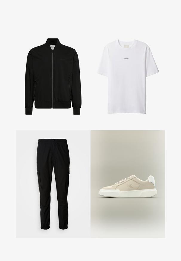 Chaqueta bomber negra hecha de tela lisa, con cierre frontal de cremallera, cuello y puños de canalé y bolsillos laterales. Diseño minimalista sin logotipos visibles.; Camiseta blanca de algodón con cuello redondo y mangas cortas. Cuenta con un pequeño logo negro de "Calvin Klein" centrado en el pecho.; Pantalones cargo negros de tela, con cintura elástica, cierre de botón y múltiples bolsillos laterales con solapas.; Zapatilla beige de corte bajo con suela blanca gruesa, cordones, lengüeta blanca en el talón y logo sutil de CK en el panel lateral.