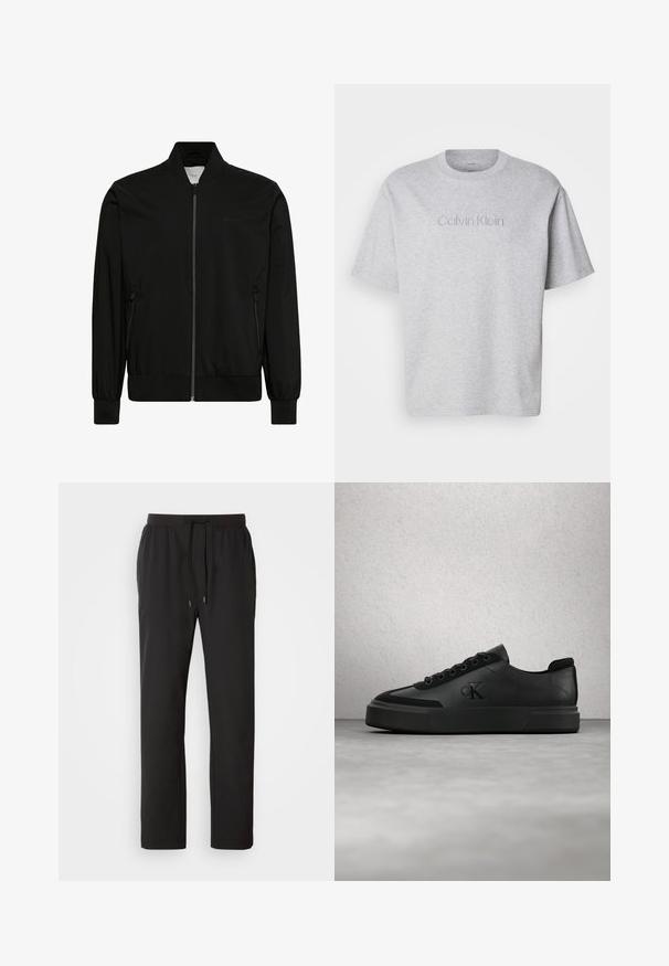 Veste bomber noire en tissu lisse, dotée d'une fermeture éclair sur le devant, d'un col et de poignets côtelés, ainsi que de poches latérales. Design minimaliste sans logos visibles.; T-shirt en coton gris à manches courtes, avec un col rond et un logo "Calvin Klein" brodé à l'avant dans une couleur subtile.; Pantalons de jogging noirs en tissu léger, dotés d'une taille élastique avec cordons de serrage réglables et poches latérales. Texture lisse.; Baskets basses noires à lacets avec logo embossé, flottant au-dessus d'un sol en béton poli près d'un mur en verre.