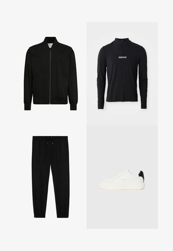 Schwarze Bomberjacke aus glattem Stoff, mit Reißverschluss vorne, geripptem Kragen und Bündchen sowie Seitentaschen. Minimalistisches Design ohne sichtbare Logos.; Schwarzes Langarmoberteil mit hohem Kragen, ausgestattet mit einem Viertel-Reißverschluss und weißem "CALVIN KLEIN" Logo auf der Vorderseite. Glatter, elastischer Stoff.; Schwarze Jogginghosen mit elastischem Bund, Kordelzug, vorderen aufgesetzten Taschen und elastischen Bündchen vor weißem Hintergrund.; Weiße Ledersneaker mit einem schwarzen Akzent an der Ferse, runden Zehen, flachen Schnürsenkeln und einer dicken weißen Sohle. Calvin Klein Logo angebracht.