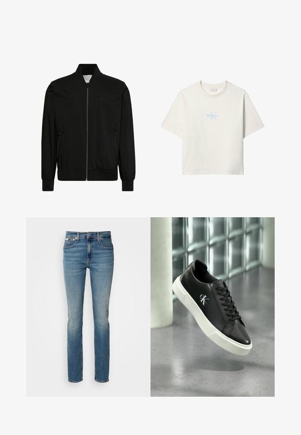 Schwarze Bomberjacke aus glattem Stoff, mit Reißverschluss vorne, geripptem Kragen und Bündchen sowie Seitentaschen. Minimalistisches Design ohne sichtbare Logos.; Weißes T-Shirt mit kurzen Ärmeln und hellblauem Calvin Klein-Logo in der Mitte der Brust sowie rundem Halsausschnitt.; Hellblaue Jeans aus Denim im Slim-Fit, mit fünf Taschen, einem vorderen Knopfverschluss und minimaler Verblassung für ein sauberes Erscheinungsbild.; Schwarzer Ledersneaker mit weißer Gummisohle und "CK Calvin Klein"-Logo an der Seite, vor einem Hintergrund aus glasierten Fliesen präsentiert.