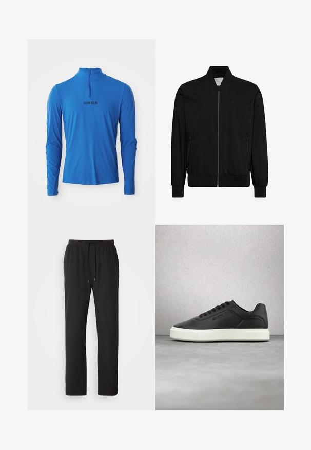 Sort bomberjakke lavet af glat stof med lynlås foran, ribbet krave og manchetter samt sidelommer. Minimalistisk design uden synlige logoer.; Langærmet trøje med kvart lynlås i lys blå, med en glat tekstur og det trykte mærkenavn "CALVIN KLEIN" i sort på fronten.; Sorte joggerbukser lavet af letvægtsstof, med elastisk talje med justerbare snore og sidelommer. Glat tekstur.; Sorte lædersneakers med hvid gummisål, rundet tå og flade snørebånd. Teksturdetaljer på siderne, minimalistisk design.
