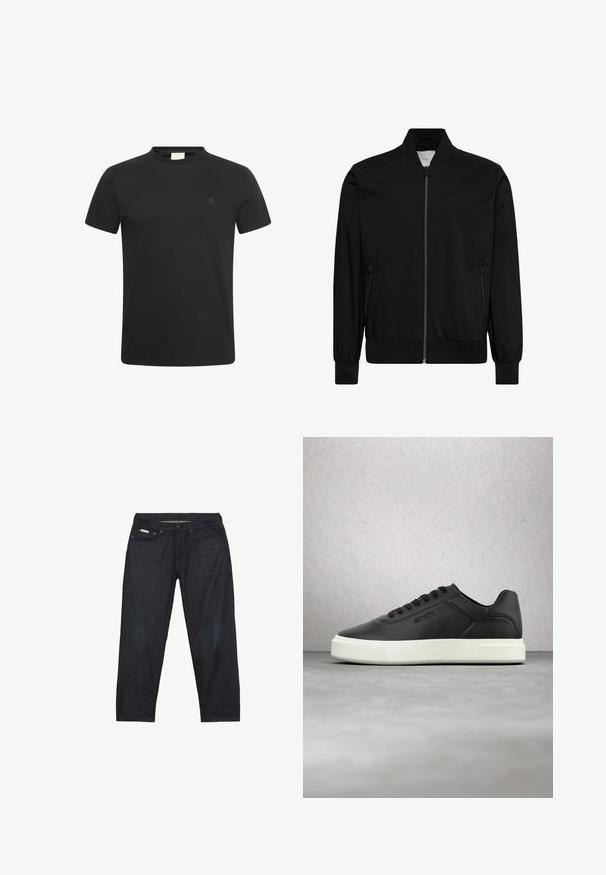 Schwarze Bomberjacke aus glattem Stoff, mit Reißverschluss vorne, geripptem Kragen und Bündchen sowie Seitentaschen. Minimalistisches Design ohne sichtbare Logos.; Schwarzes T-Shirt mit kurzen Ärmeln und Rundhalsausschnitt mit kleinem, dezentem "cK" Logo auf der linken Brust.; Dunkelblaue Jeans aus Denim mit geradem Bein, ausgestattet mit fünf Taschen und minimalen Nahtdetails für ein sauberes Aussehen.; Schwarze Ledersneaker mit weißer Gummisohle, rundlicher Zehenpartie und flachen Schnürsenkeln. Strukturierte Akzente an den Seiten, minimalistisches Design.