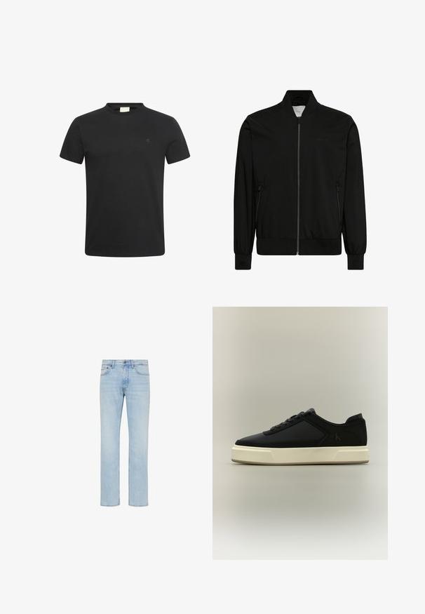 Sort bomberjakke lavet af glat stof med lynlås foran, ribbet krave og manchetter samt sidelommer. Minimalistisk design uden synlige logoer.; Sort t-shirt med korte ærmer og rund halsudskæring med lille diskret "cK" logo på venstre bryst.; Lyseblå straight-leg jeans i denim med forreste knap, lynlås og design med fem lommer vist på hvid baggrund.; Sort lavt snøresko med hvid tyk sål, snørret forside og diskret "cK"-logo på siden.
