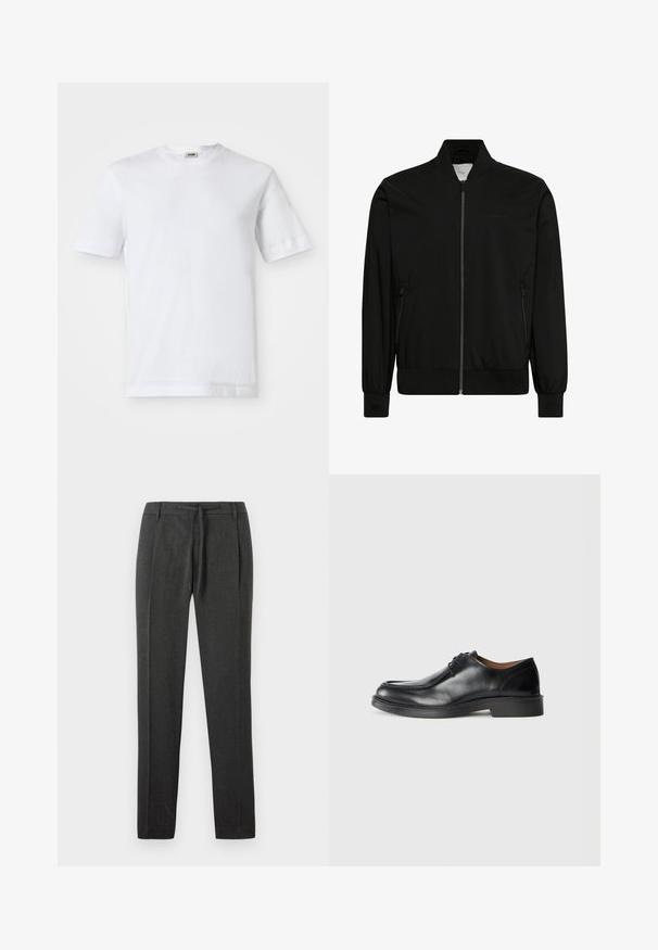 Musta bomber-takki, valmistettu sileästä kankaasta, jossa vetoketjullinen etuosio, resorikaulus ja -hihansuut sekä sivutaskut. Minimalistinen muotoilu ilman näkyviä logoja.; Valkoinen puuvillapaita, jossa on lyhyet hihat, pyöreä kaula-aukko ja sileä pinta. Kuvioita tai koristeita ei ole näkyvissä.; Tummanharmaat housut, joissa on tekstiilitakki, suora lahkeen muotoilu, etupilkut ja nyöri vyötäröllä. Ei näkyviä taskuja tai yksityiskohtia.; Musta nahkakengät, joissa on pyöreä kärki, sileä pinta, nauhakoristeet ja matala, kuvioitu kumipohja. Siistit linjat ja minimalistinen muotoilu.