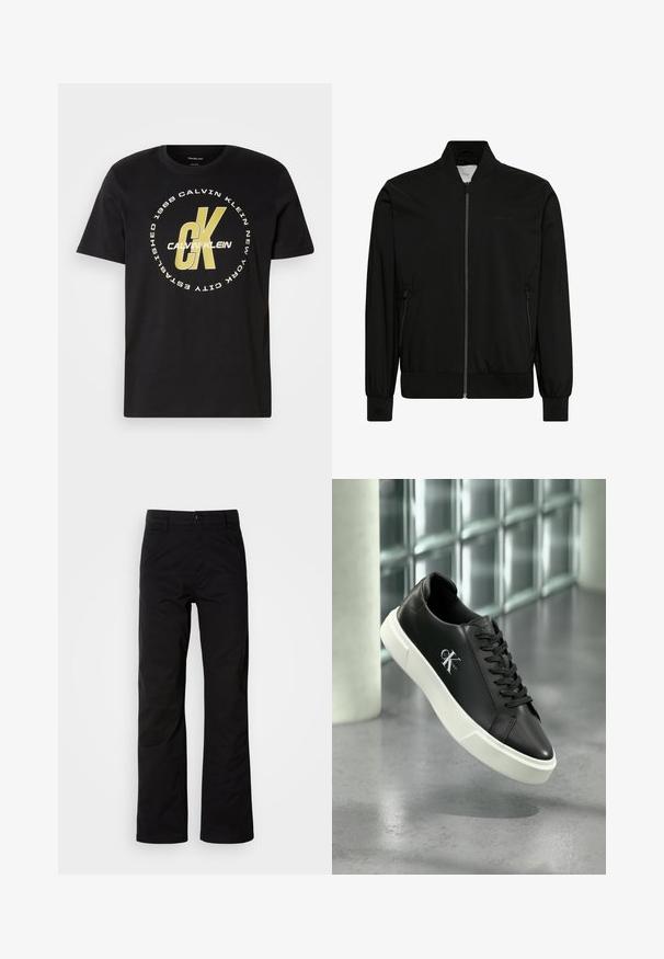 Sort bomberjakke lavet af glat stof med lynlås foran, ribbet krave og manchetter samt sidelommer. Minimalistisk design uden synlige logoer.; Sort bomulds T-shirt med korte ærmer, rund hals og stort hvidt og guld grafisk logo med "Calvin Klein" og "CK."; Sort bomuldsbukser med lige ben, der har knaplukning og bæltestropper. Glat tekstur og minimalistisk stil uden synlige mønstre.; Sort lædersneaker med hvid gummisål og "CK Calvin Klein"-logo på siden, vist mod en baggrund af glasskifter.