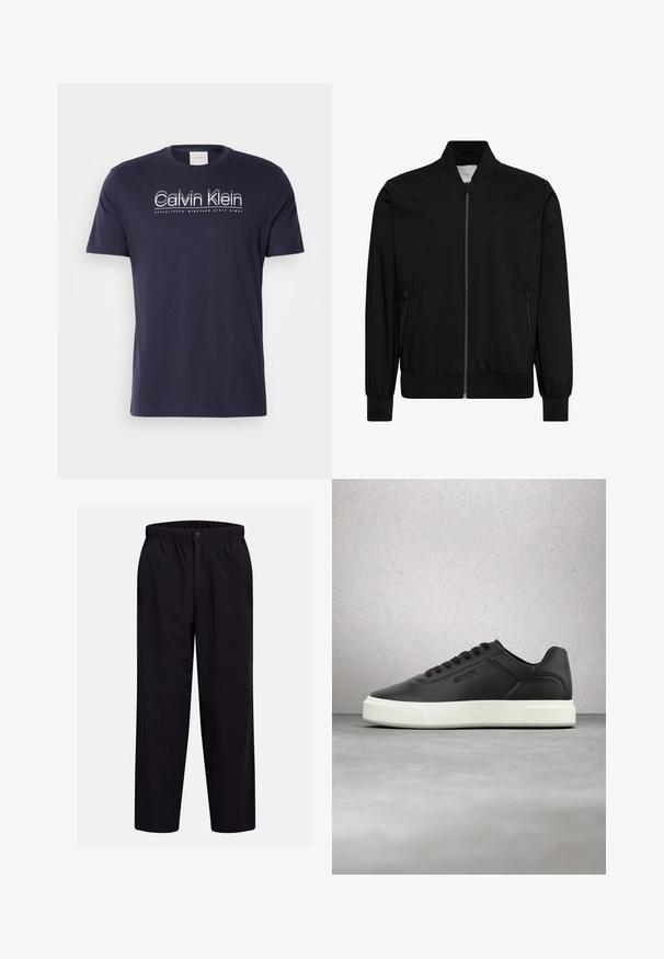 Čierna bomber bunda z hladkej látky, s predným zipsom, rebrovaným golierom a manžetami a bočnými vreckami. Minimalistický dizajn bez viditeľných log.; Námornícky bavlnený tričko s krátkymi rukávmi, okrúhlym výstrihom a bielym logom Calvin Klein s nápisom "ZALOŽENÉ DEVÄTNÁSTEHO ROKU ŠESŤDESIAT OSM" pod ním.; Čierne elastické nohavice s rovnými nohavicami s gombíkovým zapínaním a hladkou textúrou látky, zobrazené na jednoduchom svetlom pozadí.; Čierne kožené tenisky s bielou gumovou podrážkou, zaoblenou špičkou a plochými šnúrkami. Textúrované detaily na bokoch, minimalistický dizajn.