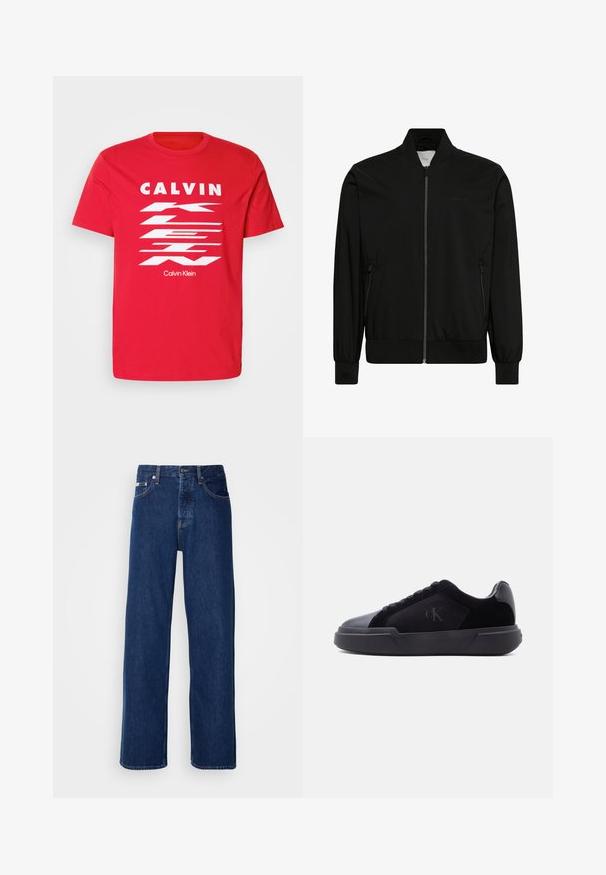 Chaqueta bomber negra hecha de tela lisa, con cierre frontal de cremallera, cuello y puños de canalé y bolsillos laterales. Diseño minimalista sin logotipos visibles.; Camiseta de algodón roja con el texto en blanco "CALVIN KLEIN" en negrita y un diseño de rayas diagonales. Mangas cortas y cuello redondo.; Vaqueros de mezclilla azul oscuro con un diseño de pierna ancha, que presentan un cierre de botón y el clásico estilo de cinco bolsillos. La tela tiene una textura suave.; Zapatilla negra de perfil bajo con suela gruesa, cierre de cordones en la parte delantera y un sutil logo "cK" en el panel lateral.