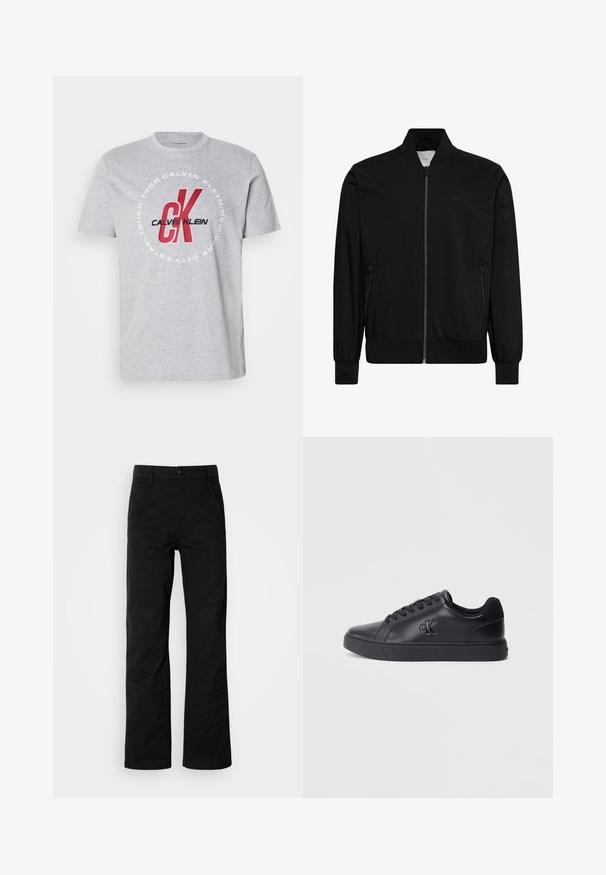 Chaqueta bomber negra hecha de tela lisa, con cierre frontal de cremallera, cuello y puños de canalé y bolsillos laterales. Diseño minimalista sin logotipos visibles.; Camiseta de algodón gris con cuello redondo, mangas cortas y un gráfico central con "Calvin Klein" y "CK" en rojo y negro.; Pantalones de algodón negros con un diseño de pierna recta, que cuentan con un cierre de botón y lazos para cinturón. Textura suave y estilo minimalista sin patrones visibles.; Zapatillas negras de cuero con diseño de cordones, suela de goma y logo en relieve en el lateral, que presentan una textura suave y un estilo minimalista.