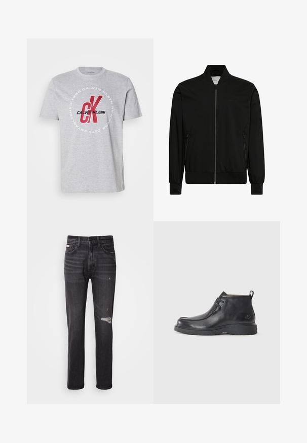Schwarze Bomberjacke aus glattem Stoff, mit Reißverschluss vorne, geripptem Kragen und Bündchen sowie Seitentaschen. Minimalistisches Design ohne sichtbare Logos.; Graues Baumwoll-T-Shirt mit Rundhalsausschnitt, kurzen Ärmeln und einem zentralen Grafikdesign mit "Calvin Klein" und "CK" in Rot und Schwarz.; Schwarze Denim-Jeans mit gerade geschnittenem Bein, ausgefransten Details an den Knien, Fünf-Taschen-Stil und einem dezenten, ausgewaschenen Finish.; Schwarze Leder-Stiefel bis zur Knöchel mit runder Zehenform, Schnürdesign und einer Ziehlasche auf der Rückseite. Strukturiertes Obermaterial und Gummisohle.