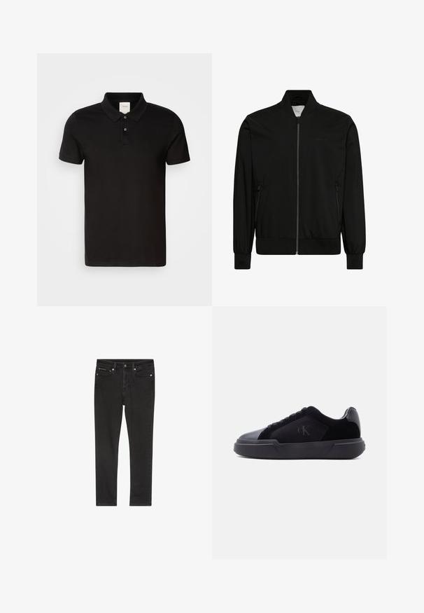 Musta bomber-takki, valmistettu sileästä kankaasta, jossa vetoketjullinen etuosio, resorikaulus ja -hihansuut sekä sivutaskut. Minimalistinen muotoilu ilman näkyviä logoja.; Musta polo-paita, joka on valmistettu sileästä kankaasta ja jossa on klassinen kaulus. Pinttyy kaksi nappia kaulassa, lyhyet hihat ja hillitty logo rinnassa.; Musta farkkujen slim fit -malli, jossa on neljä taskua, metallinen nappisuljenta ja kevyitä kulutusefektejä. Sileä pinta ja klassinen muotoilu.; Musta matalakärkinen tennari, jossa paksu pohja, nauhalliset kiinnitykset ja hillitty "cK"-logo sivupaneelissa.