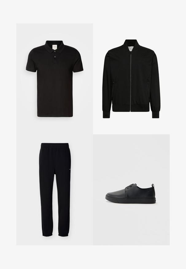 Chaqueta bomber negra hecha de tela lisa, con cierre frontal de cremallera, cuello y puños de canalé y bolsillos laterales. Diseño minimalista sin logotipos visibles.; Camisa polo negra hecha de una tela suave con un cuello clásico. Presenta dos botones en el cuello, mangas cortas y un logotipo sutil en el pecho.; Pantalones deportivos negros con cintura y puños elásticos. Hechos de tela suave. Presentan un pequeño logo blanco en el lado izquierdo.; Zapatilla negra de cuero con acabado suave, punta redondeada, costuras a tono, cordones en la parte delantera y suela de goma plana. Asa en el talón.