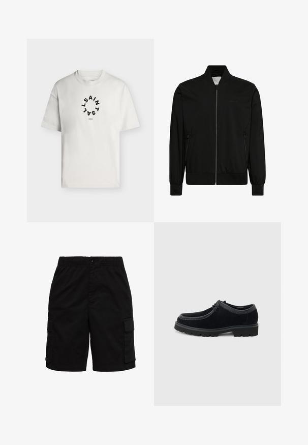 Chaqueta bomber negra hecha de tela lisa, con cierre frontal de cremallera, cuello y puños de canalé y bolsillos laterales. Diseño minimalista sin logotipos visibles.; Camiseta blanca de manga corta con cuello redondo, con texto circular negro que dice "SAINT LAINT" y "LONDON" debajo del círculo.; Pantalones cortos cargo negros con cintura elástica, cierre de botón y bolsillos delanteros con solapa en ambos lados.; Zapato negro de ante con cordones, suela gruesa de goma y puntera redondeada, mostrado de lado sobre un fondo gris claro.
