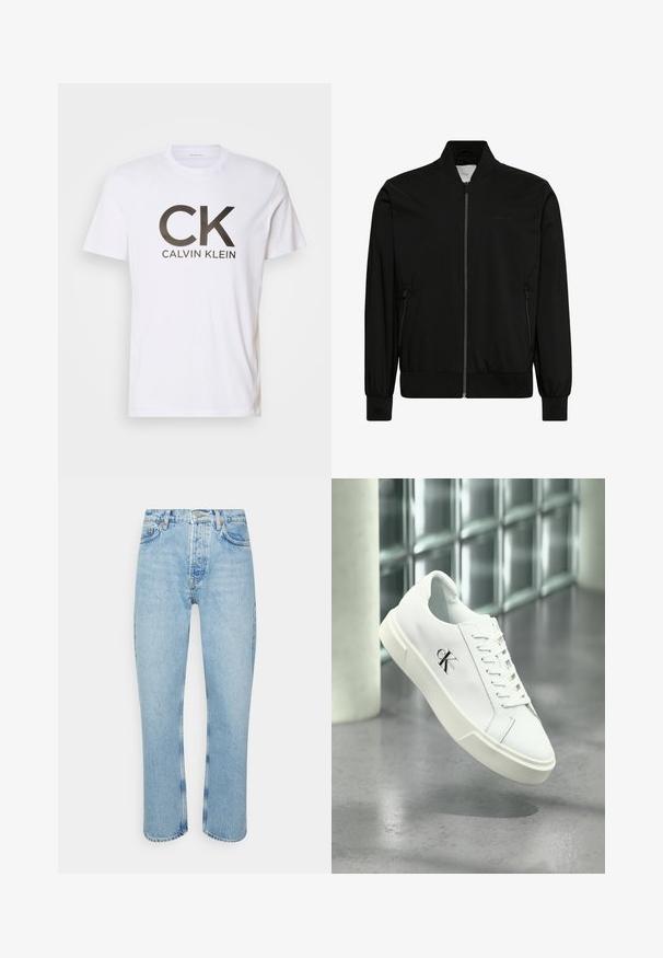 Schwarze Bomberjacke aus glattem Stoff, mit Reißverschluss vorne, geripptem Kragen und Bündchen sowie Seitentaschen. Minimalistisches Design ohne sichtbare Logos.; Weißes Baumwoll-T-Shirt mit einem großen schwarzen "CK"-Logo und dem Text "CALVIN KLEIN" darunter. Klassischer Rundhalsausschnitt und kurze Ärmel.; Hellblaue Jeans aus Denim mit geradem Schnitt, hoher Taille, fünf Taschen-Design und sichtbaren Nähten an den Nähten und Säumen.; Weißer Calvin Klein Sneaker mit Schnürsenkeln, schwebend über einem polierten Betonboden und einer Glasbausteinwand im Hintergrund dargestellt.