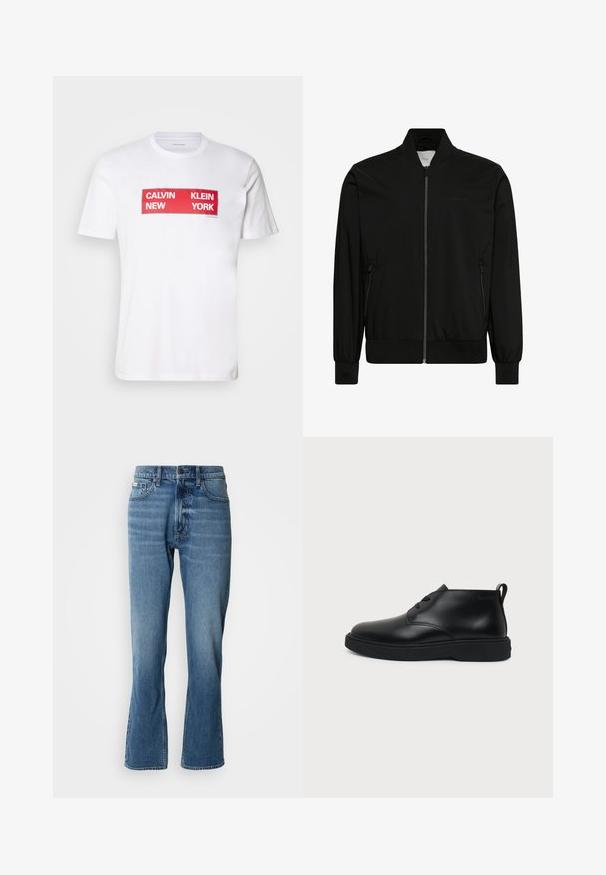 Mustast siledast kangast bomber-stiilis jope, millel on esilukk, soonikkoeline krae ja varrukaservad ning küljetaskud. Minimalistlik disain ilma nähtavate logodeta.; Valge puuvillane T-särk, millel on julged punased ristkülikukujulised graafilised kirjatähed: "CALVIN NEW KLEIN YORK." Lühikesed varrukad ja ümar kaelus.; Heledad sinised teksad sirge lõike ja kerge laienemisega. Omab viit taskut, nööpkinnitust ja peeneid kulumisjälgi.; Mustast nahast pahkluu kõrge paeltega jalats paksu kummitaldaga ja kandjal tõmblukuga, näha külgvaates ühevärvilisel taustal.