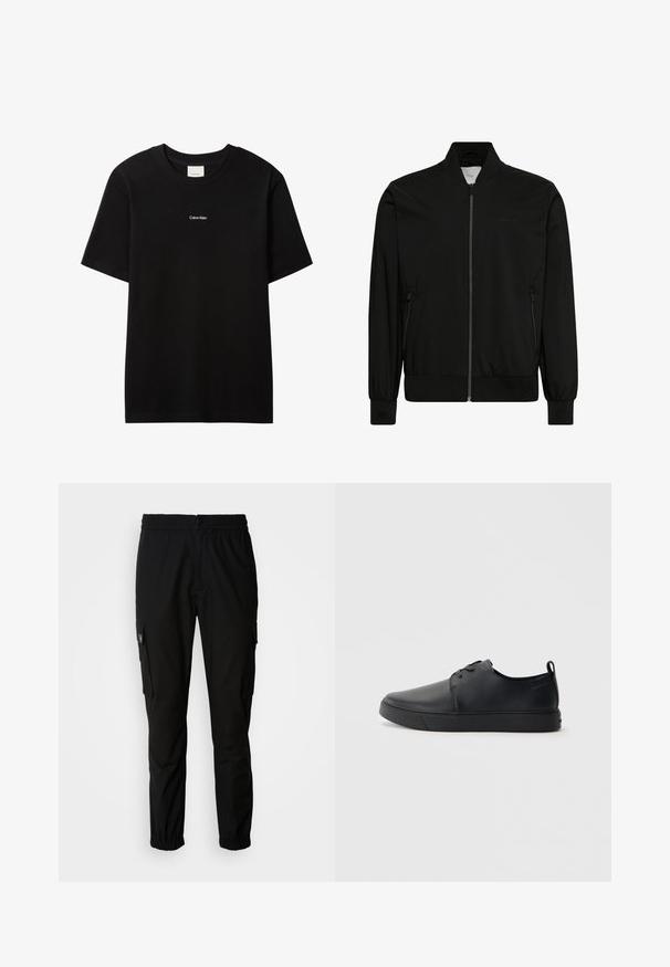 Chaqueta bomber negra hecha de tela lisa, con cierre frontal de cremallera, cuello y puños de canalé y bolsillos laterales. Diseño minimalista sin logotipos visibles.; Camiseta de algodón negra con cuello redondo y mangas cortas. Presenta un pequeño logo blanco "Calvin Klein" en el frente. Ajuste clásico y suave.; Pantalones cargo negros de tela, con cintura elástica, cierre de botón y múltiples bolsillos laterales con solapas.; Zapatilla negra de cuero con acabado suave, punta redondeada, costuras a tono, cordones en la parte delantera y suela de goma plana. Asa en el talón.