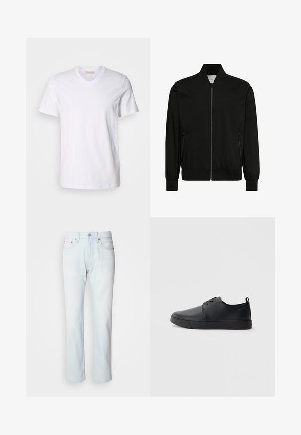 Mustast siledast kangast bomber-stiilis jope, millel on esilukk, soonikkoeline krae ja varrukaservad ning küljetaskud. Minimalistlik disain ilma nähtavate logodeta.; Valge puuvillane V-kaelusega T-särk lühikeste varrukatega, millel on rinna peal väike logo. Sile tekstuur, tavaline istuvus ja klassikaline disain.; Heledad sinine teksapüksid sirge lõikega. Omab nup closure'i ja vöölõikeid, esitledes kulunud tekstuuri ja minimaalset õmblust.; Mustaläik nahast spordijalatsid siledaga viimistlusega, ümarate varvastega, sama tooni õmblustega, nööbid ees, ja lamedate kummist tallaga. Kannas aas.