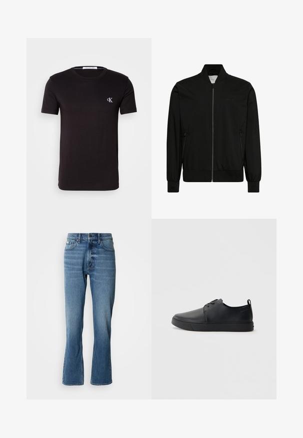 Schwarze Bomberjacke aus glattem Stoff, mit Reißverschluss vorne, geripptem Kragen und Bündchen sowie Seitentaschen. Minimalistisches Design ohne sichtbare Logos.; Schwarzes T-Shirt mit kurzen Ärmeln und Rundhalsausschnitt mit kleinem weißen "cK" Logo auf der linken Brust und Calvin Klein Jeans Label innen im Kragen.; Hellblaue Denim-Jeans mit geradem Schnitt und leicht ausgestelltem Bein. Verfügt über fünf Taschen, einen Knopfverschluss und dezente Waschungseffekte.; Schwarze Leder-Sneaker mit glatter Oberfläche, abgerundeter Zehenpartie, gleichfarbiger Nähte, schnürbarem Vorderteil und flacher Gummisohle. Schlaufe an der Ferse.