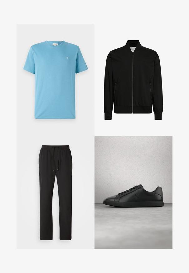 Mustast siledast kangast bomber-stiilis jope, millel on esilukk, soonikkoeline krae ja varrukaservad ning küljetaskud. Minimalistlik disain ilma nähtavate logodeta.; Heledad sinine puuvillane T-särk ümmarguse kaelusega, lühikeste varrukatega ja väikese valge logoga vasakul ülemisel rinnal. Sile tekstuur.; Mustad mustad spordipüksid, mis on valmistatud kergeks kangast, elastse vöökoha ja reguleeritavate nööridega ning küljetaskutega. Sile tekstuur.; Mustast nahast toss, millel on paelad ja reljeefne "ck" logo, hõljub halli põranda kohal klaasplokkseinaveerel.