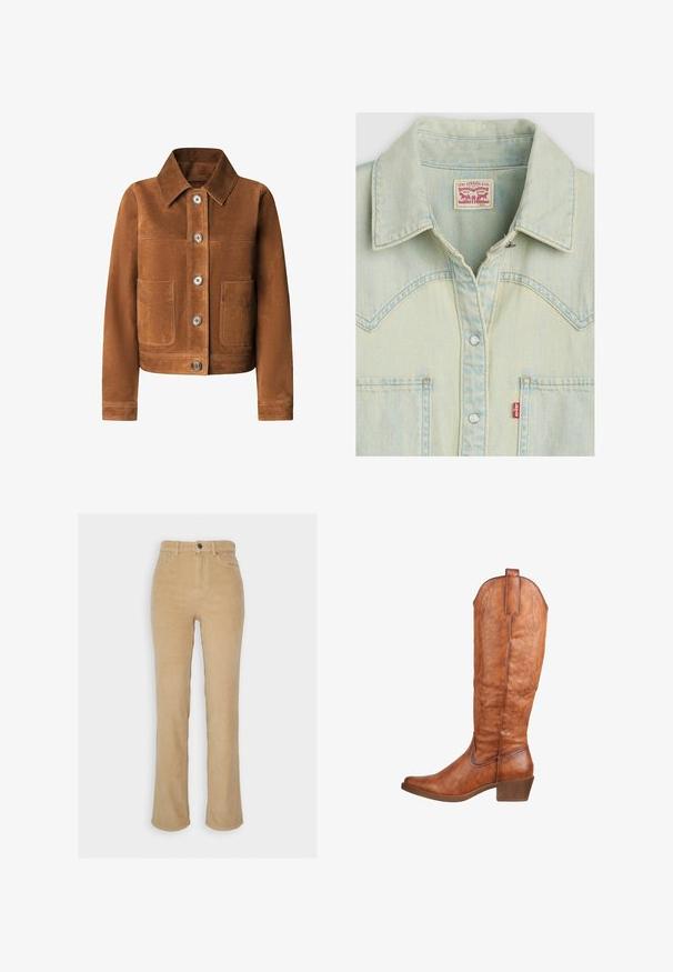 Bruine corduroy jas met een kraag, sluiting met knopen aan de voorkant en twee grote opgestikte zakken aan de voorkant. Zachte textuur, op maat gemaakte pasvorm.; Lichtblauw denimshirt met een klassieke kraag, drukknopen, een borstzak en een label in een rood-wit ontwerp. Heeft een verweerde uitstraling.; ONLY ONLEMILY LONG PANT - Broek - beige; Bruine leren laarzen tot de knie met een lichtpuntige neuzen, decoratieve stiksels en een bescheiden hak. Textuurafwerking met een trekhaak aan de achterkant.