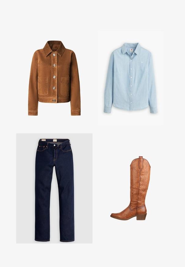 Brun kordfløjl jakke med krave, frontknaplukning og to store påsyede lommer foran. Blød tekstur, skræddersyet pasform.; Lyseblå skjorte med knapper lavet af blødt denimstof. Har en klassisk krave og lange ærmer, med et lille logo på brystet.; Mørkeblå jeans med lige ben, orange syninger, fem lommer og knaplukning, lagt fladt på en lys baggrund.; Brune læder overknæstøvler med en let spids tå, dekorativ syning og en beskeden hæl. Struktureret overflade med en trækrem bagpå.