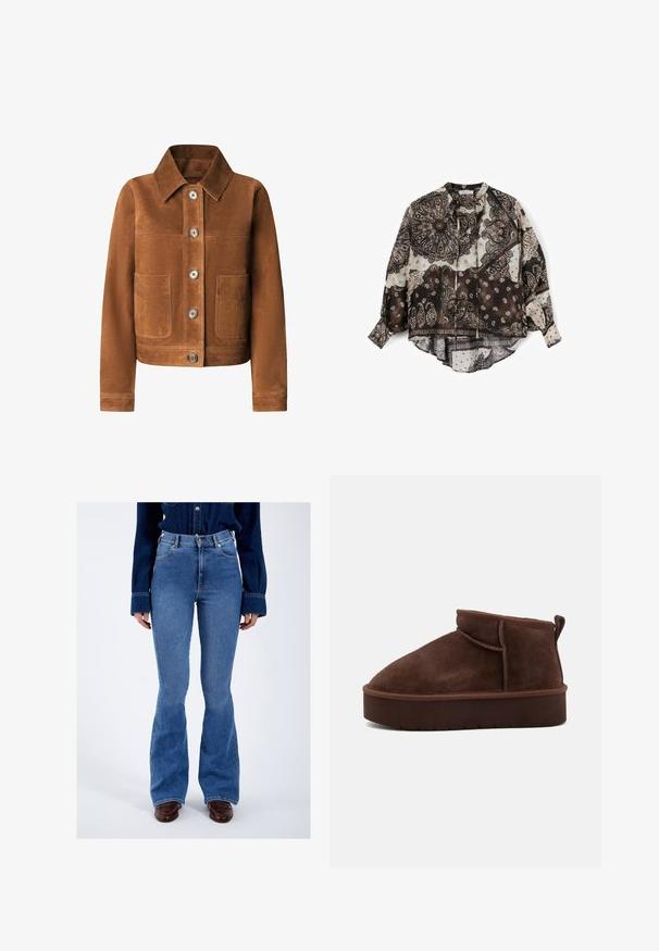 Braune Cordjacke mit Kragen, vorne mit Knopfschluss und zwei großen aufgesetzten Taschen. Weicher Stoff, taillierte Passform.; Langärmelige, lockere Bluse mit schwarz-weißem Paisley- und Bandana-Patchwork-Muster, rundem Ausschnitt und geknöpften Manschetten.; Person, die hochtaillierte, hellblaue Schlagjeans, ein dunkelblaues Denimhemd und braune Lederschuhe trägt, vor neutralem Hintergrund stehend.; Braune Wildleder-Stiefelette mit runder Spitze, weicher Oberfläche und dicker Plattformsohle. Verfügt über dezente Nähte und eine Lasche an der Rückseite.