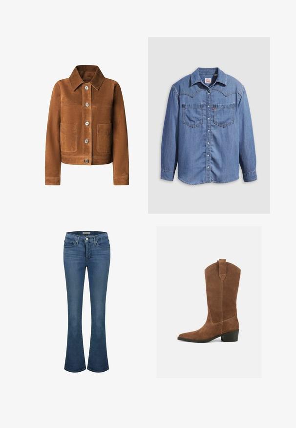 Braune Cordjacke mit Kragen, vorne mit Knopfschluss und zwei großen aufgesetzten Taschen. Weicher Stoff, taillierte Passform.; Hellblaues Jeanshemd mit spitzem Kragen, zwei Brusttaschen und Druckknöpfen. Verfügt über ein Western-Stil Rückenpasse-Design.; Blaue Jeans im Flared-Stil mit mittelhoher Taille, ausgestattet mit Ziernähten, zwei vorderen Taschen und einer hinteren Paspeltasche.; Brauner Wildleder-Westernstiefel bis zur Mitte der Wade mit spitzer Spitze, Zuglasche oben und niedrigem, schwarzen Absatz vor einfarbigem Hintergrund.