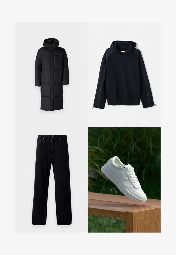 Schwarzer Puffer-Mantel mit Kapuze, der eine lange Silhouette und große, gesteppte Abschnitte aufweist. Enthält einen Frontreißverschluss und Seitentaschen.; Pier One by Zalando Sweatshirt - black; Hollister Co. Baggy Jeans - washed black; Weiße Ledersneaker mit glatter Oberfläche, ausgestattet mit einem perforierten Design, klassischer Schnürung und Gummisohle, positioniert auf einer Holzoberfläche.