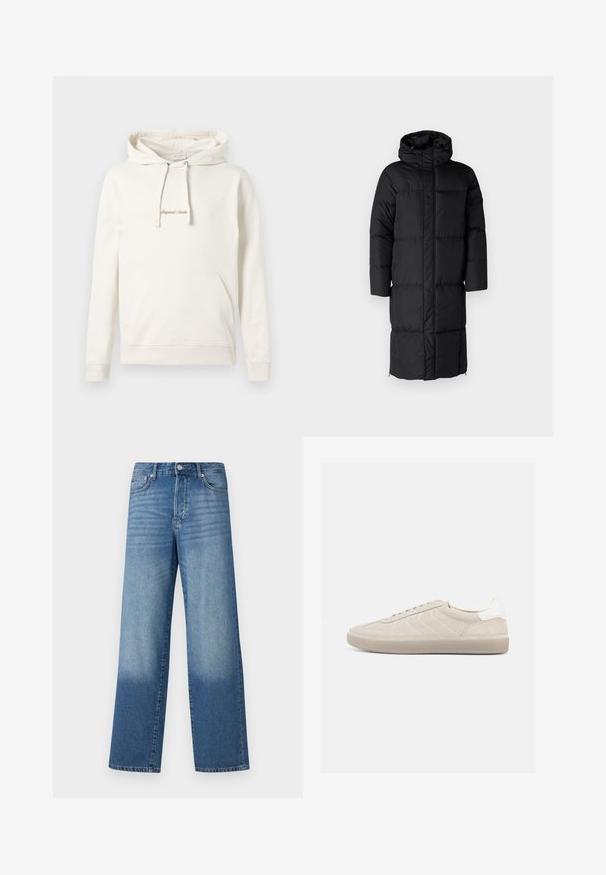 Sort puffet jakke med hætte, der har en lang silhuet og store quiltede sektioner. Inkluderer en frontlynlås og sidelommer.; Beige hoodie lavet af bomuld, med en kængurulomme, snoretræk i hætten og broderet "Originals" tekst på brystet.; Blå højtaljede strækte jeans med falmede områder på lårerne og mørkere skygger nær kanten, synlig frontknap og lommer.; Beige ruskindssneaker med en tekstureret overdel, glat hvid hælkappe, tynde snørebånd og en gummi-ydersål. Har et lavt profil design.
