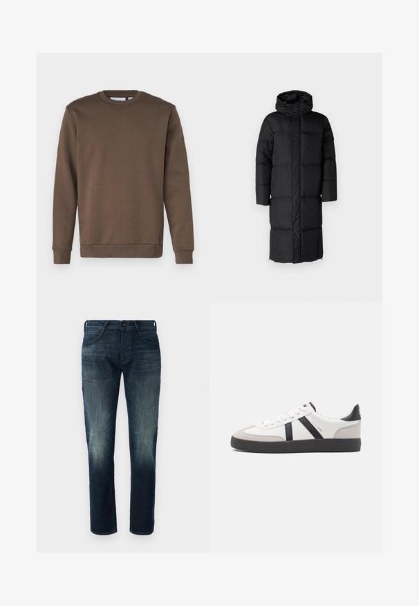 Zwarte pufferjas met capuchon, met een lange silhouet en grote gequilte delen. Voorzien van een voerritssluiting en zijzakken.; Only & Sons ONSCERES CREW NECK - Sweater - major brown; Donkerblauwe rechte jeans van denim met lichte vervaging op de dijen en knieën, met knoop- en ritssluiting aan de voorkant en vijf-pocketstijl.; Witte sneaker met zwarte en grijze accenten, voorzien van een grijze neus met textuur, zwarte rubberen zool en platte witte veters. Schoon ontwerp, minimalistische stijl.