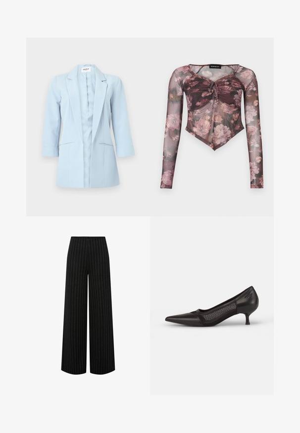 Blazer azul claro para mujer con mangas largas, solapas con muesca y dos bolsillos delanteros, exhibido sobre un fondo blanco.; Top de manga larga de malla transparente con estampado floral rosa, fruncido con lazo delantero y dobladillo puntiagudo en tonos malva apagado y marrón.; Pantalones negros de pierna ancha con rayas verticales blancas y cintura alta, mostrados extendidos sobre un fondo blanco.; Zapato negro de punta puntiaguda con un tacón bajo, que cuenta con una parte superior de cuero y un panel de malla en los lados. Textura suave con un diseño elegante.